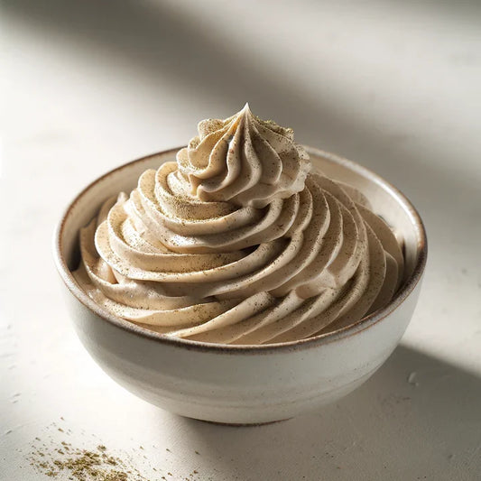 Hojicha whipped cream piped in a bowl