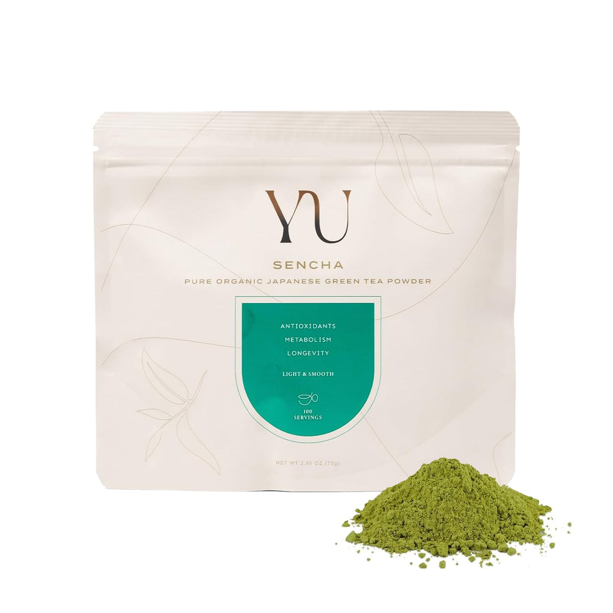 Beige pouch of Yu Sencha with green powder on white background